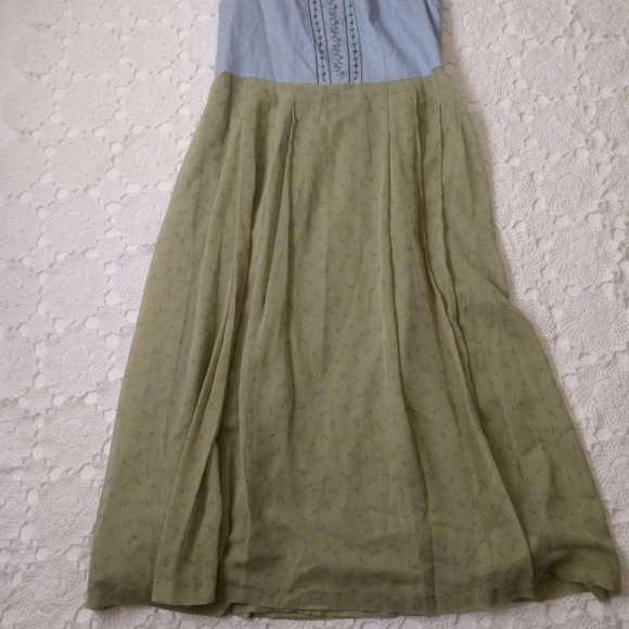 Perry Landhaus Maxi Dress Green Blue Floral Linen Fit Flare Medium Large  Women - Picture 3 of 7